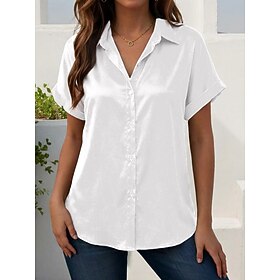 Mujer Satén Top de satén Blusa de satén Camisa de raso Color sólido Elegante Diario Manga Corta Tops largos Casual Exterior Oficina Blanco Negro Champaña Rojo