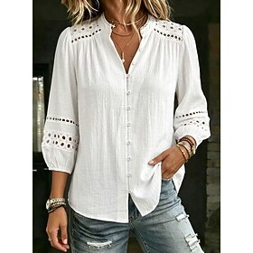 Women's Shirt Eyelet Top Lace Trim Elegant Bohemia Vacation 3/4 Sleeve Mandarin Collar Regular Tops Casual Daily Holiday White Summer Spring