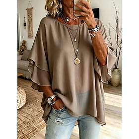 Women's Blouse Plain Stylish Casual 3/4 Length Sleeve Crew Neck Crop Tops Casual Daily Brown Beige Summer Spring