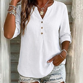 Per donna Camicie di cotone e lino Blusa Bottoni Tinta unica Vacanza Quotidiano Classico Manica Lunga Scollo a V Henry Collar Top lunghi Casuale Quoti