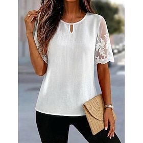 Per donna Blusa Top in pizzo Pizzo Patchwork Semplice Elegante Moderno Manica Corta Girocollo Top Regolari Casuale Spiaggia Ferie Bianco Estate Primav