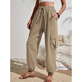 Women's Cargo Pants Chinos Vacation Vintage Casual Full Length Medium Waist Plain Drawstring Patchwork Pocket Comfort Soft Outdoor Inelastic Casual Daily Vacat