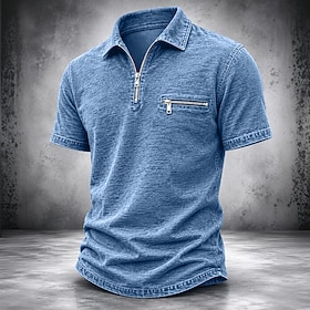DenimTone™ Men's Polo Shirts Acid Wash Shirt Casual Work Quarter Zip Short Sleeve Fashion Basic Plain Zipper Buttons Summer Spring Blue Navy Blue Green