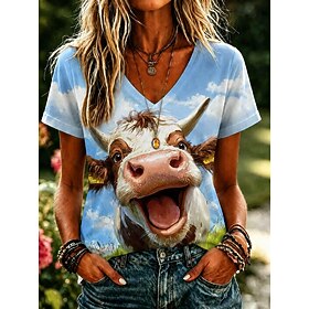 Women's T Shirt Print Graphic Animal Cow Stylish Classic Casual Short Sleeve V Neck Regular Tops Casual Daily Blue Khaki Summer Spring