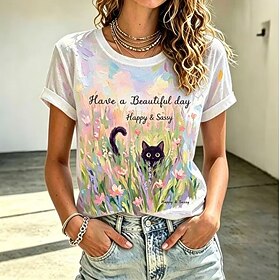 Women's T Shirt Print Graphic Animal Cat Stylish Classic Casual Short Sleeve V Neck Long Tops Casual Daily Pink Summer Spring
