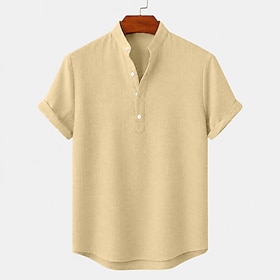 Men Shirt Linen Shirt Popover Shirt Summer Shirt Band Collar Shirt Plain Casual Daily White Black Yellow Pink Short Sleeve Henley Summer Clothing Apparel