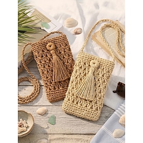 Women's Woven Crochet Crossbody Phone Bag, Ivory Khaki Straw Mini Shoulder Purse with Tassel, Lightweight Summer Beach Vacation Travel Bag for Resort, Shoppin