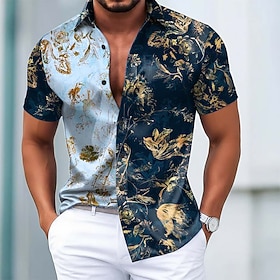 Men's Floral Baroque Abstract Liquid Art Shirt Satin Shirt Dress Shirt Short Sleeve Vintage Daily Vacation Summer Spring Turndown Collared Shirts 3D Print Butt