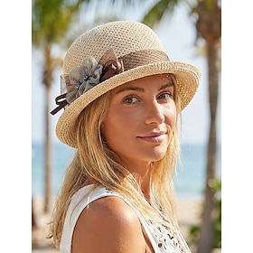 Cappello cloche estivo da donna in poliestere intrecciato, elegante cappello da sole con fiocco in rete a fiori 3D, perfetto per feste in giardino, ma