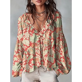 Women's Shirt Tunic Ruffle Ombre Floral Graphic Elegant Bohemia Vacation Long Sleeve V Neck Long Tops Casual Daily White Red Purple Green Summer Spring