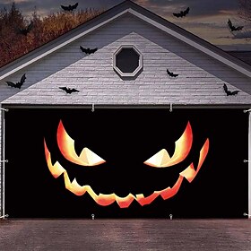 Halloween Scary Pumpkin Face Garage Door Banner, Spooky Jack-O'-Lantern Waterproof Garage Door Cover, Outdoor Holiday Wall Mural Decoration For House Party