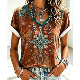 American Independence Day Women's T Shirt Print Graphic American Flag Vintage Stylish Classic Short Sleeve V Neck Regular Tops Casual Daily Dark Brown Brown Gr
