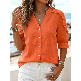 Per donna Camicie di cotone e lino Blusa Volant Bottoni Tinta unica Elegante Vacanza Signore Manica Lunga Scollo a V Top Regolari Casuale Quotidiano B