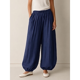 Women's Linen Casual Trousers Mid Waist Full Length Drawstring Pocket Daily Outdoor Rice White Jacinth Dark Navy Green Fall