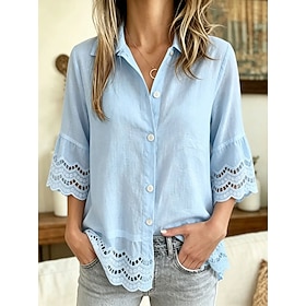 Women's Blouse Lace Trim Solid Color Vintage Stylish Classic 3/4 Length Sleeve Turndown Regular Tops Casual Daily Blue White Pink Summer Spring