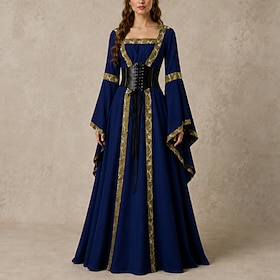 Set Retro Vintage Medieval Renaissance Floor Length Dress Corset Long Sleeves Witch Fairy Lace up Square Neck Fancy Dress Women's Fantasy Halloween Carnival Re