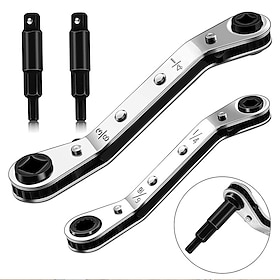 4pcs HVAC Service Wrench Tools: 3/16 to 3/8 5/16'' X 1/4'' Air Conditioner Valve Ratchet Wrench with 2 Hexagon Bit Adapter Kit for Air Refrigeration Tools And