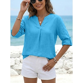 Per donna Camicie di cotone e lino Blusa Bottoni Tinta unica Semplice Vacanza Quotidiano Elegante Manica Lunga Scollo a V Top lunghi Casuale Quotidian