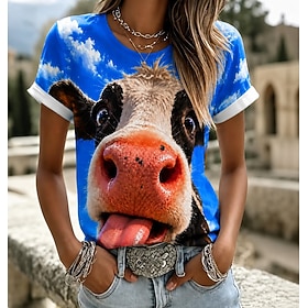 Women's T Shirt Color Block Print Graphic Animal Cow Vintage Stylish Classic Short Sleeve Crew Neck Regular Tops Casual Daily Blue White Green Beige Summer Spr