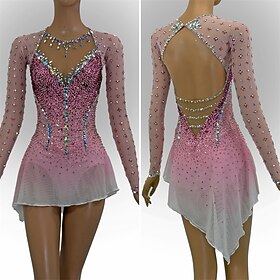 Figure Skating Dress Women's Ice Skating Dress Pink Patchwork Open Back Stretchy Training Competition Skating Wear Classic Crystal / Rhinestone Long Sleeve Ice