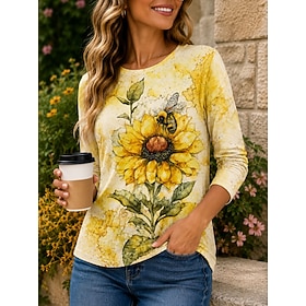 Women's T Shirt Print Floral Graphic Animal Fashion Stylish Classic Long Sleeve Crew Neck Regular Tops Casual Daily Weekend Yellow Pink Apricot Summer Spring F