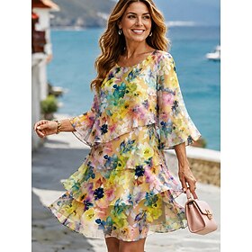 Women's Knee Length Dress Shift Dress Casual Regular Fit Floral Graphic 3/4 Length Sleeve Crew Neck Yellow Pink Green Summer Spring