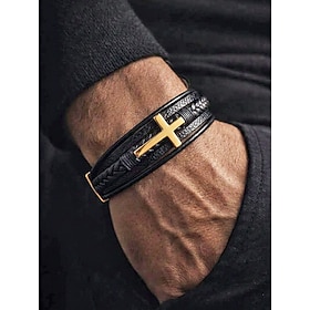 Men's Bohemian Cross Layered Braided Bracelet, Alloy Faux Leather Multi-Layer Wristband for Men, Casual Faith Jewelry for Daily Wear, Travel, Festival, Church