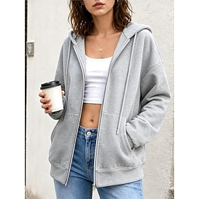 Women's Hoodies Zipper Pocket Solid Color Daily Classic Long Sleeve Hooded Casual Outdoor Streetwear Blue Yellow Brown Dark Gray Grey Fall Winter