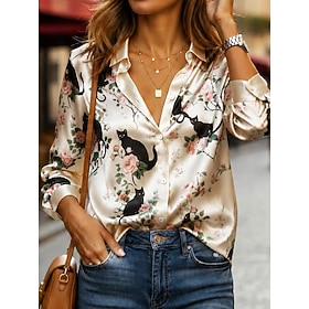 Women's Satin Shirt Satin Top Buttons Print Floral Graphic Elegant Vintage Daily Long Sleeve Shirt Collar Regular Tops Casual Daily Work Blue Beige Summer Spri
