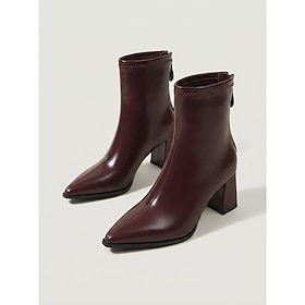 Women's Burgundy Faux Leather Ankle Boots - Pointed Toe Mid Block Heel Back Zip Booties for Office Workwear, Everyday Wear Street Style
