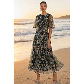 A-Line Dress Ankle Length Mother of the Bride Dress Half Sleeve Crew Neck Elegant Vintage Luxurious Beach Wedding Garden Party Formal Tulle Spandex Satin Chiff