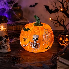 Veilleuse citrouille d'Halloween, décoration citrouille lumineuse LED avec motif crâne, araignée, chauve-souris et toile d'araignée, lampe de table à piles AA