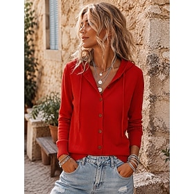 Women's Cardigan Daily Hooded Patchwork Buttons Knitted Long Sleeve Long Tops Knit Daily Home White Light Blue Fall Winter