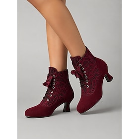 Women's Burgundy Ankle Boots, Faux Suede Floral Lace-Up Boots with Bow Detail, Round Toe and Sculpted Mid Heel for Vintage Gothic Women, Cosplay, Parties and V