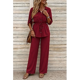Women's Collar Button Down Drawstring Waist Tunic Shirt High Waist Wide Leg Pants Two Piece Matching Set Daily Work Summer Casual Outfit