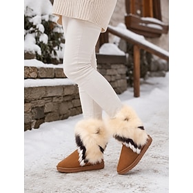 Women's Brown Faux Suede Faux Fur Ankle Snow Boots, Warm Round Toe Flat Pull-On Winter Boots for Women for Casual Outdoor Walking, Travel and Cold Weather