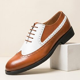 Men's Tan White Lace-Up Oxford Dress Shoes, Wingtip Brogue Formal Style for Business, Weddings, Office and Banquets