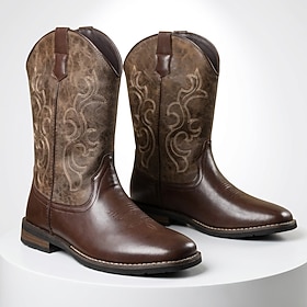 Men's Brown Cowboy Boots, Embroidered Tall Shaft Square Toe Style, Versatile Western Boots for Cowboys, Riding, Country Festivals and Everyday Wear
