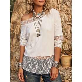 Women's Lace Splicing Top Ruched Asymmetric Elegant Bohemia Long Sleeve Off Shoulder Casual White Black Spring