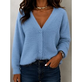 Women's Sweater Cardigan Sweater Elegant Fashion Daily Solid Color Fuzzy V Neck Buttons Long Sleeve Regular Tops Knit Home Work Holiday Blue Black Fall Winter