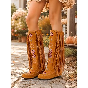 Women's Brown Faux Suede Knee High Boots with Fringe and Geometric Embroidery, Boho Western Boots with Low Heel for Festivals, Country Concerts and Fall Casual