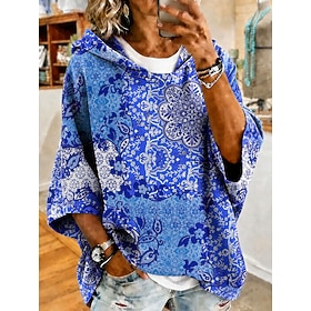 Women's Pullover Hoodie Sweatshirt Print Graphic Paisley Casual 3/4 Length Sleeve Hooded Regular Tops Casual Street Dailywear Blue Purple Orange Spring Fall Wi