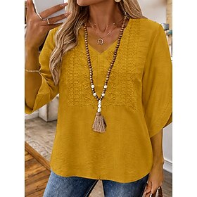 Women's Shirt Ruched Solid Color Bohemia Vacation Streetwear 3/4 Length Sleeve V Neck Long Tops Casual Daily Office Yellow Fuchsia Green Apricot Summer Spring