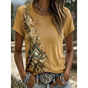 Women's T Shirt Print Graphic Geometric Striped Vintage Stylish Classic Short Sleeve Crew Neck Round Neck Long Tops Casual Daily Khaki Yellow Green Summer Spri