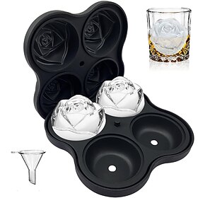 4 Cavity Rose Ice Cube Mold, 6.3cm Large Flower Ice Cube Tray with Funnel, Silicone Rose Shaped Ice Maker for Whiskey Bourbon Cocktails, Drinks, Juice, Coffee