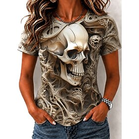Halloween Women's T Shirt Print Graphic Skull Halloween Vintage Fashion Stylish Short Sleeve Crew Neck Regular Tops Casual Daily Weekend White Dark Brown Khaki
