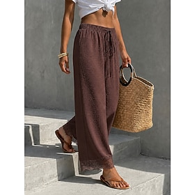 Women's Wide Leg Lace Pants Pants Trousers Vacation Full Length High Waist Plain Breathable Inelastic Vacation Rust Red Black Sky Blue Brown Summer Spring Loos