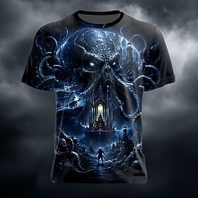 Halloween Men's Skull Octopus Castle T Shirt Short Sleeve T shirt 3D Print Crew Neck Shirt Exaggerated Gothic Street Dark Party Blue Red Green All Seasons Clot