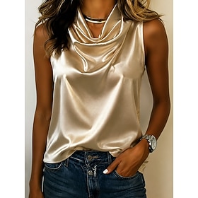 Mujer Top de satén Blusa de satén Top de satén con cuello halter Color sólido Plano Elegante Vacaciones Vintage Sin Mangas Cuello vuelto holgado Tops regulares
