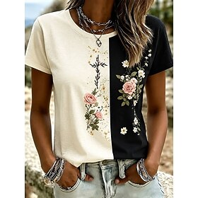 Women's T Shirt Print Floral Graphic Vintage Stylish Modern Short Sleeve Round Neck Regular Tops Casual Daily Purple Orange Apricot Summer Spring